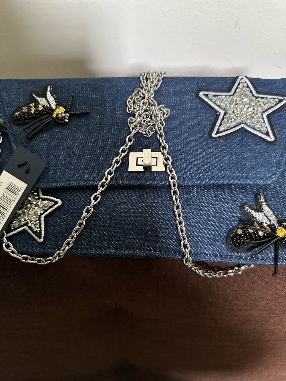 La Regale Denim Clutch with Star & Bee Embellishments - Blue
